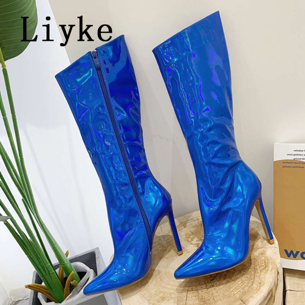 Liyke Sexy Party Nightclub Stripper Knee High Boots Female Green Smooth Patent Leather Pointed Toe Heels Women Shoes Zip Booties