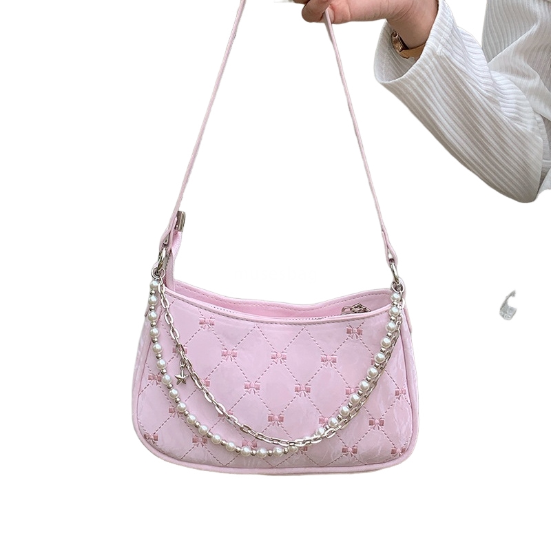 High quality premium pink butterfly club bag for women's new pearl metal chain diamond grid underarm bag casual one shoulder crossbody bag