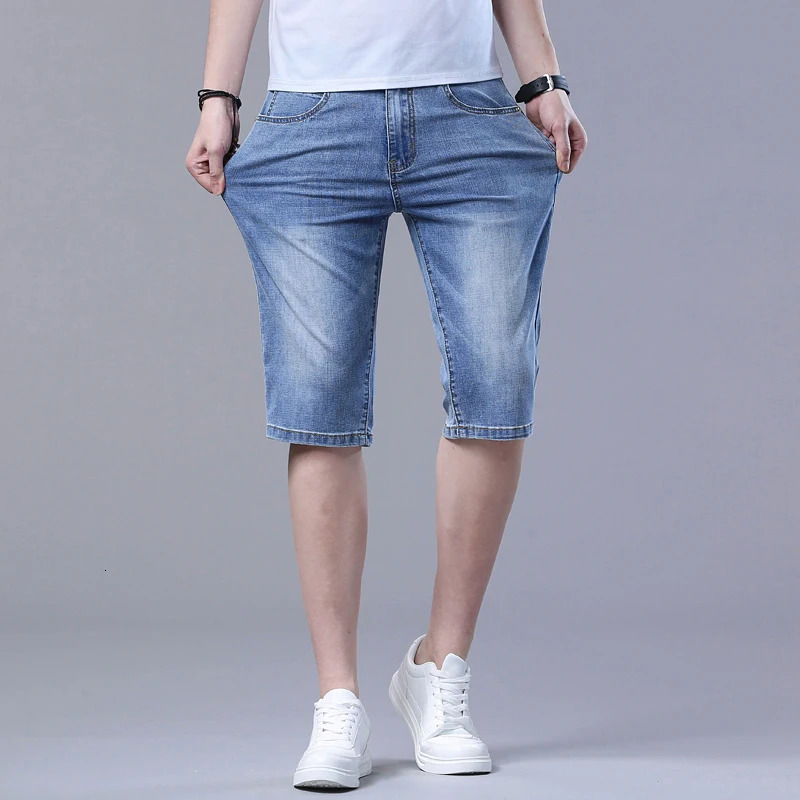 Thin Slim Stretch Short Jeans Men Summer Business Casual Light Blue Cotton Straight Soft Denim Shorts Male Beach Pants 240601