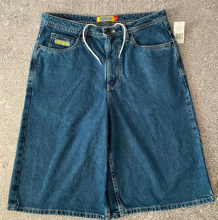 American Retro Men Embroidered Denim Shorts Y2k Personalized Hip Hop High Waist Straight Couple Loose Pants sweatpants 240601