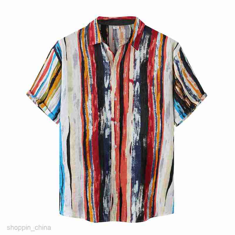 Men's Casual Shirts Summer men's short sleeved shirt four side stretch digital stripe print shirt tops