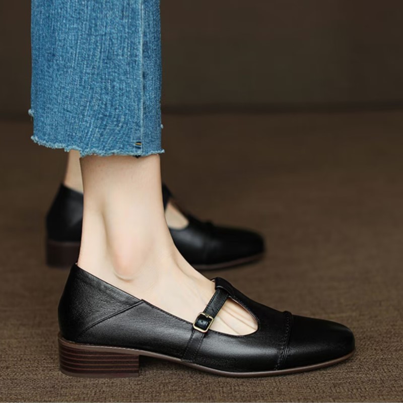 New Retro Women's Oxford Shoes Low Heels T Strap Shoes For Female Black Buckle Strap Leather Shoes Girls Zapatos Mujer 1547N