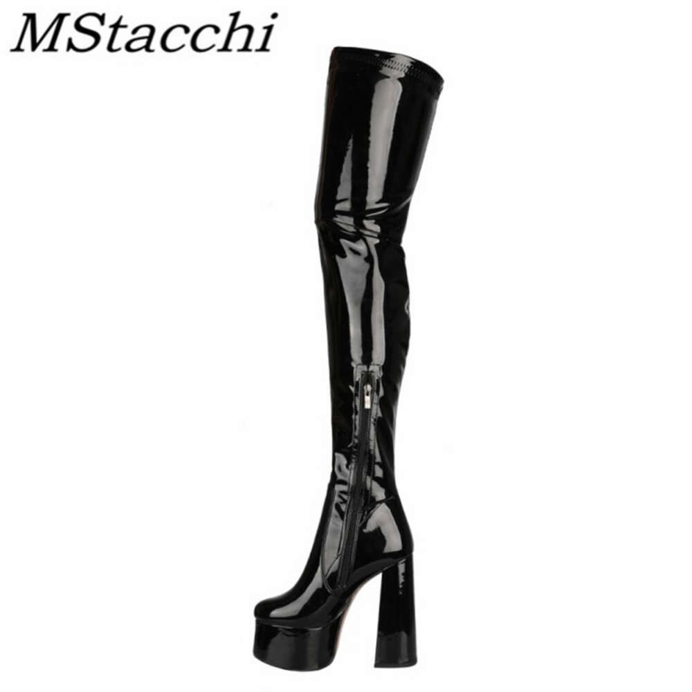 Nightclub Women Thigh Glisten Patent Leather Platform Sexy Solid Color Heels Shoes Women's High Boots