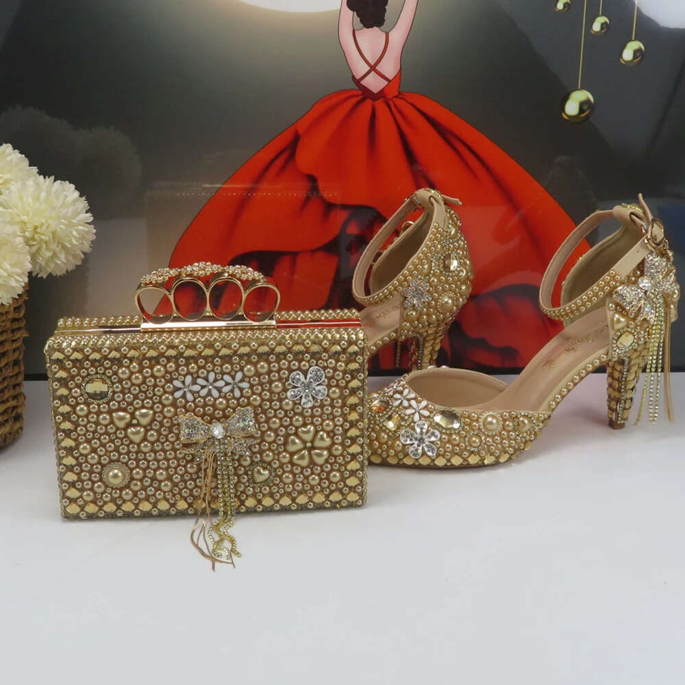 New Pointed Toe Bridal Wedding Shoes Bag Champagne Gold Crystal Party Shoes Ankle Strap Thin High Bowknot Pumps And Handbag