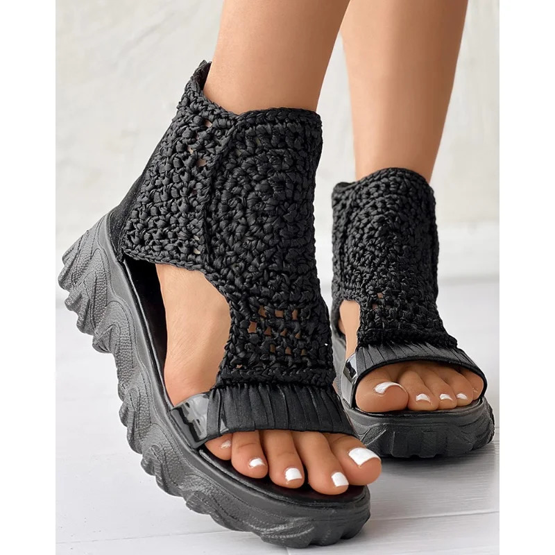 Sandals Women Braided Geometric Wedge Knitted Elastic Summer Shoes Mesh Flat Hollow Female Platform 240611