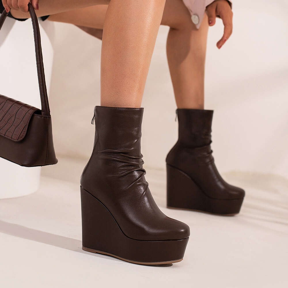 Wedges Ankle Women Winter Autumn Fashion Faxu Leather Platform Women's Short Boots Sexy High Heels Black Shoes Femal