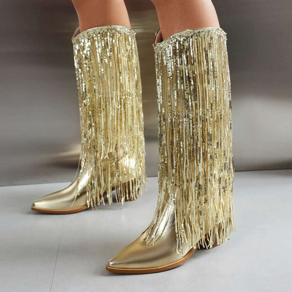 Vintage Women Tassel Shoes 2023 Fringe Middle Heels Western Cowgirl Fashion Slip-On Pointed Toe Ethnic Boots Female
