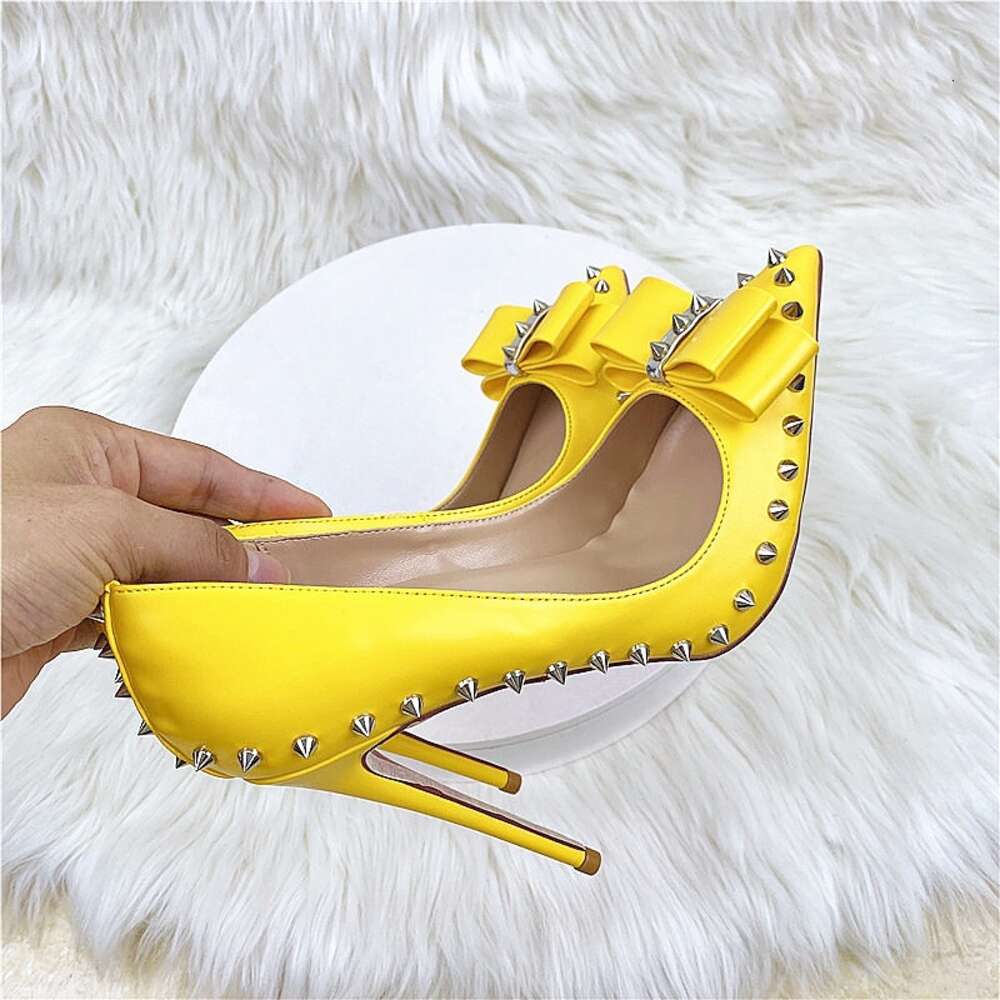 Pointed Yellow Bow Rivet High Heels, Sexy Shoes With Pointed Rivets, Suitable For Parties And Clubs, Extra Large