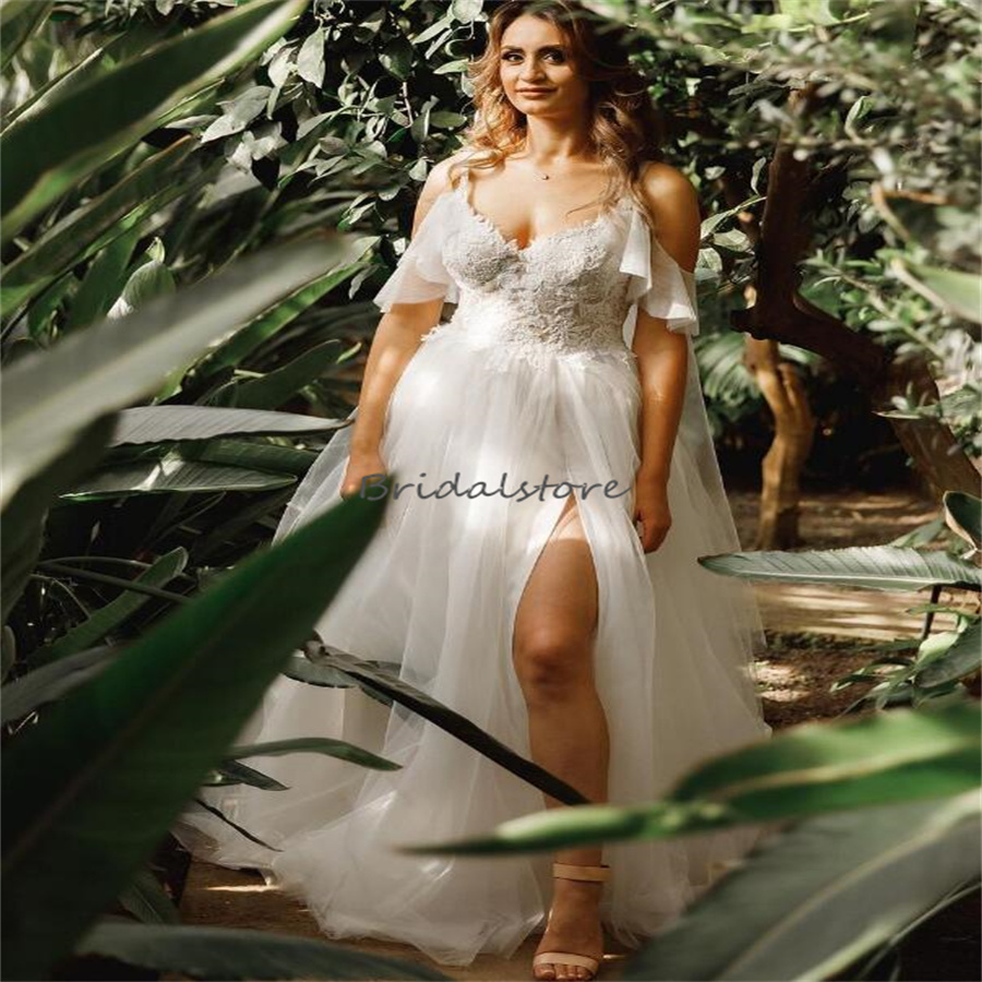 Celtic Boho Civil Wedding Dresses Cap Sleeves Fairy Spaghetti Straps High Slit Bohemian Bridal Dress 2024 Country Bride Summer Vestios De Novias A Lin