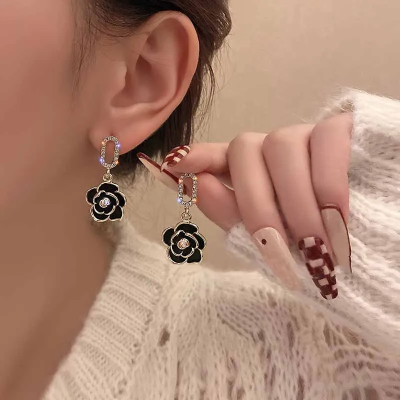 Romantic French Camellia Flower Rhinestone Earrings Drop Stud Earrings Wedding Bride Jewelry for Women Accessories
