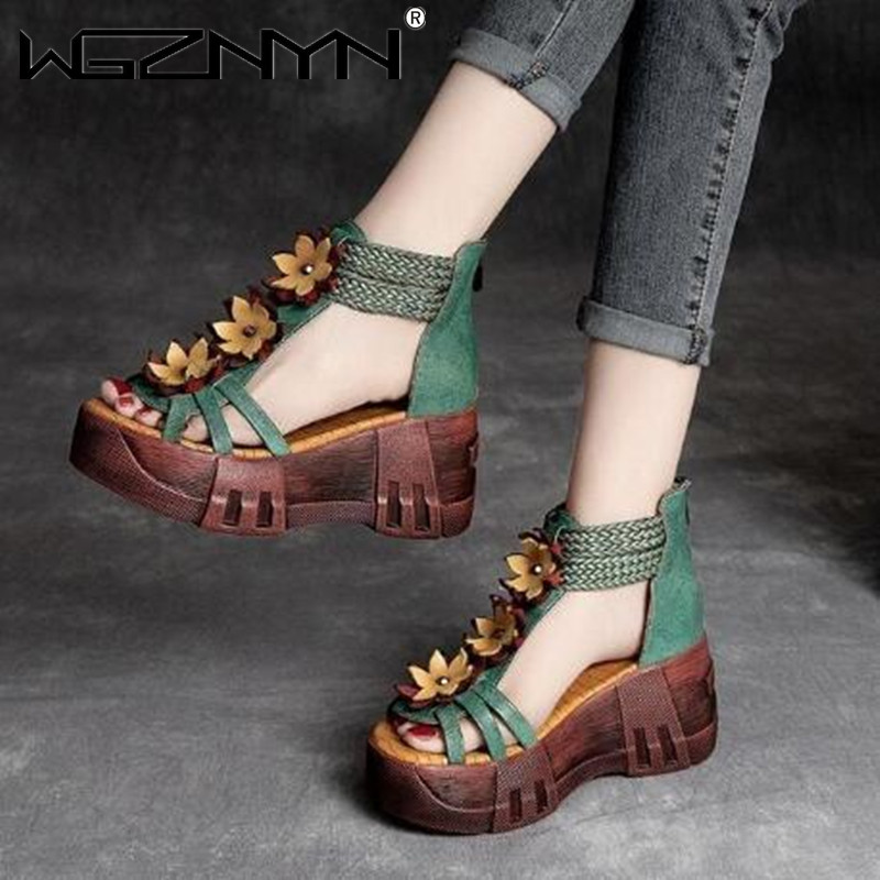 Trending Floral Wedge Sandals for Women Open Toe PU Leather Platform Heels Comfortable Summer Casual Dress Shoes