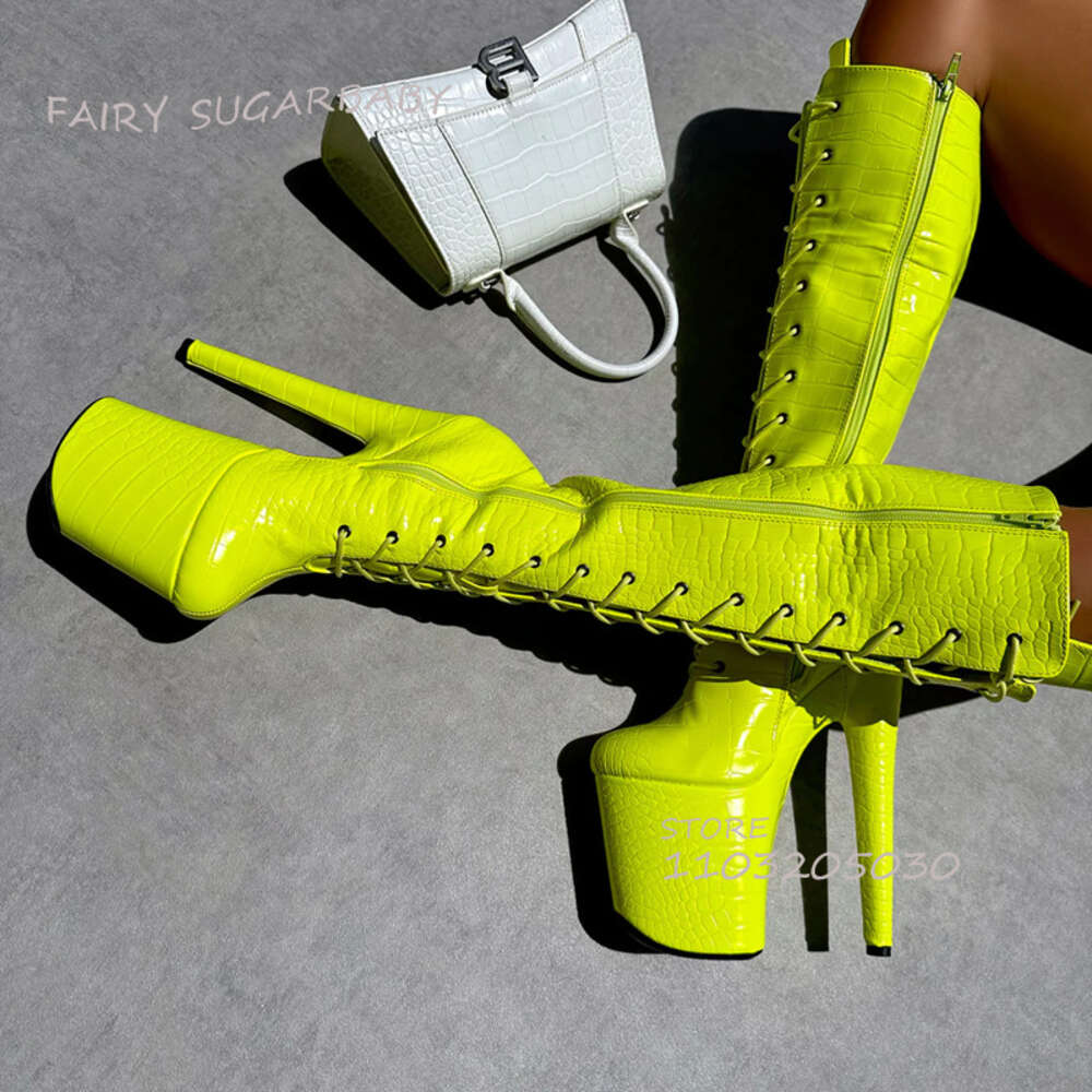 Bright Yellow Dazzling Boots Platform Women Lace Peep Toe Zipper Knee Booties Calf Open Pole Dance Sexy Girls Shoes