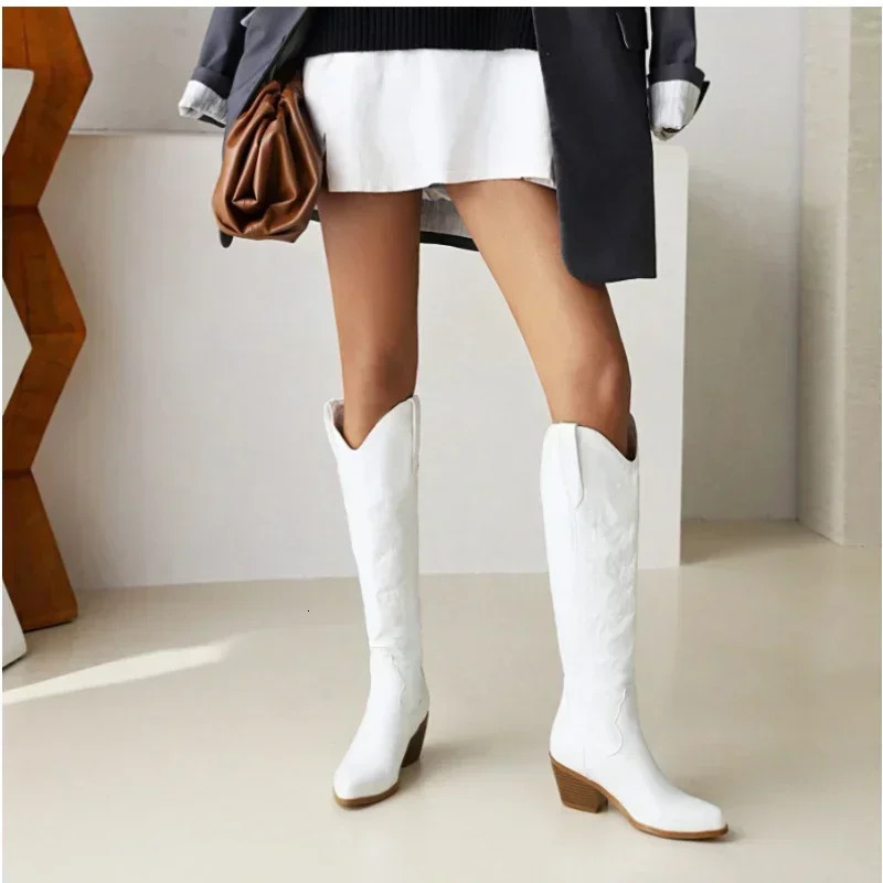Pointed Toe Knight Boots for Women Brown PU Leather Knee High Boots Woman Autumn Winter Western Cowboy Long Botas Mujer 2024 240611