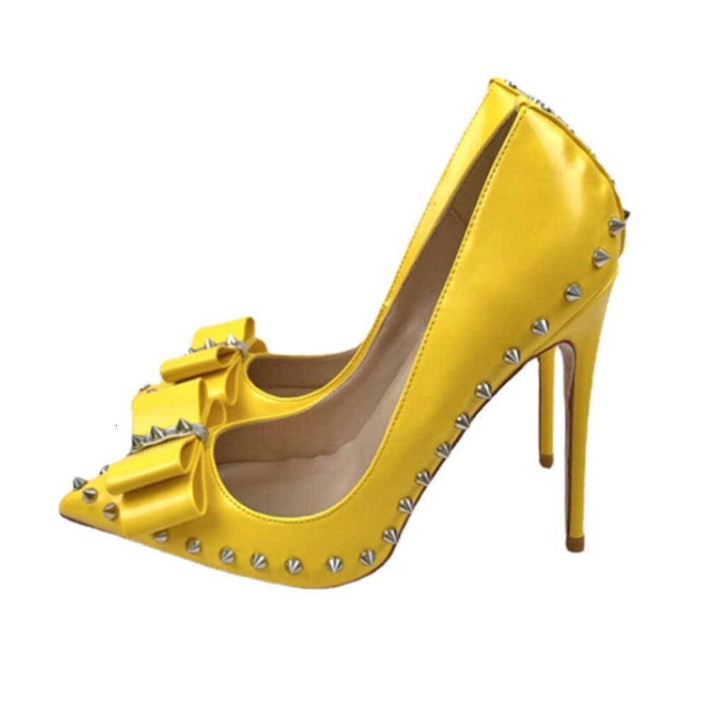 Pointed Yellow Bow Rivet High Heels, Sexy Shoes With Pointed Rivets, Suitable For Parties And Clubs, Extra Large