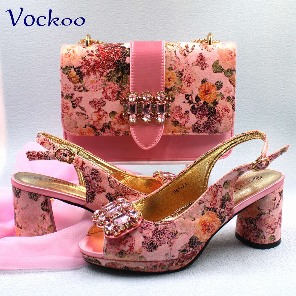 Pink Color Sexy Ladies Shoes And Bag Set Platform Square Heels Comfortable With Crystal For Wedding Party