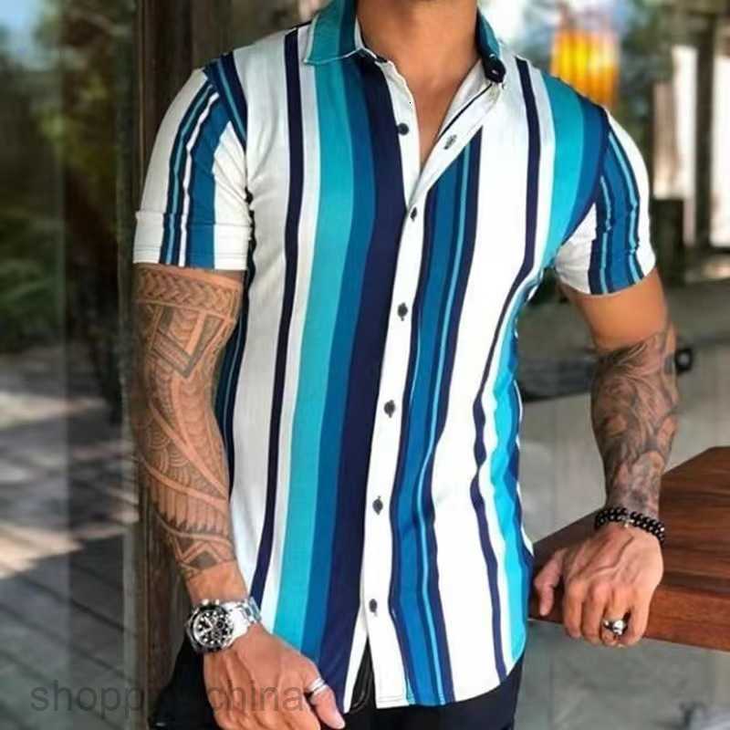 Men's Casual Shirts Men's short sleeved lapel cardigan top, men's shirt Beach shirt, striped printed men's shirt tops