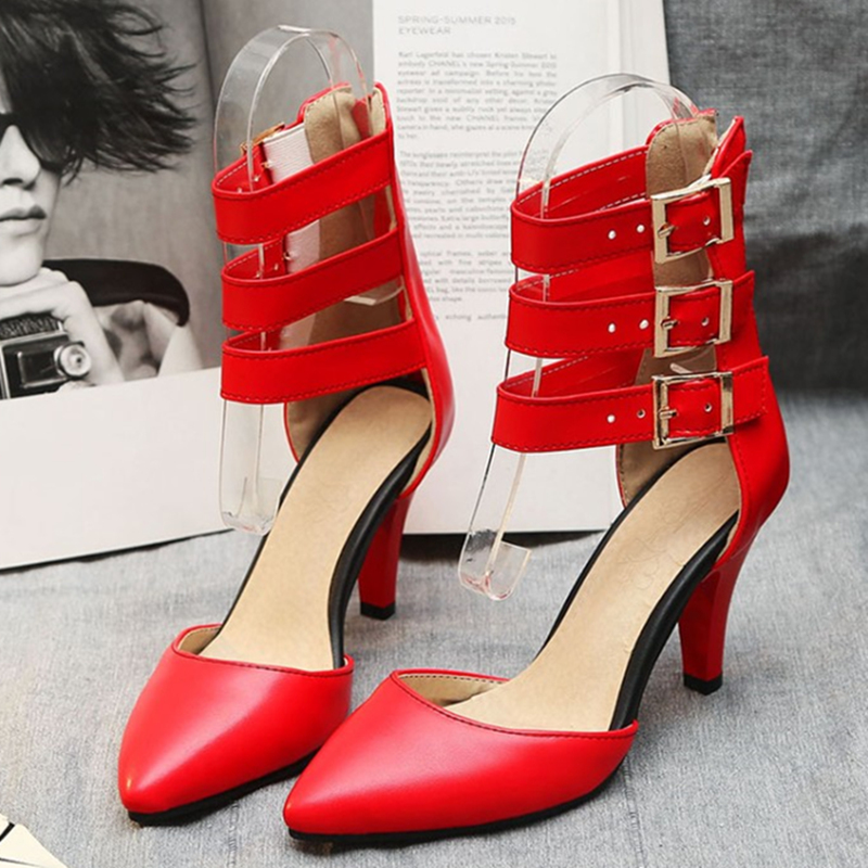 Size Large 46 Summer Women Sandals Sexy High Heel Pointed Toe Straps Gladiator Ankle Boots Red Black Buckle Party Wedding Shoes 3dd0
