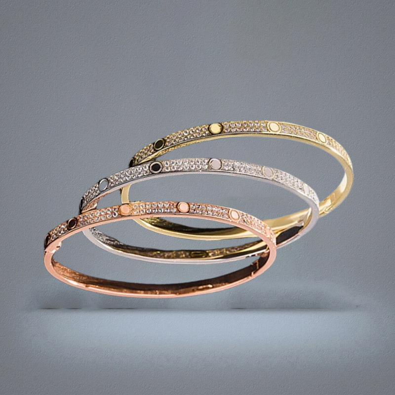 Fashion Full Diamond Bangle Stainless Steel Open Cuff Bracelet for Women Men Two Row Stone Bangles 3 Colour Selct Gold Silver Rosy