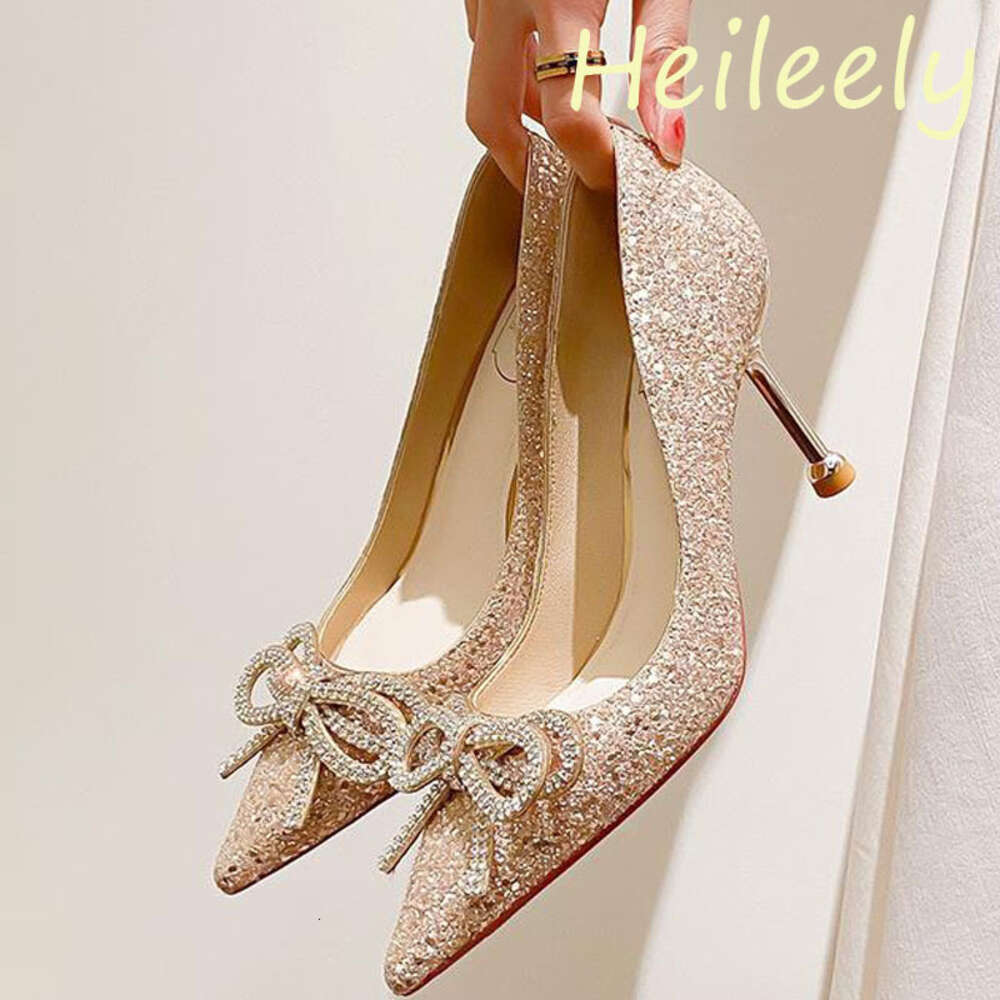 8Cm Fashion New High Heels With Rhinestone Bow Pointed Toe Sequins Pumps Wedding Bride Shoes For Women 41 42 43