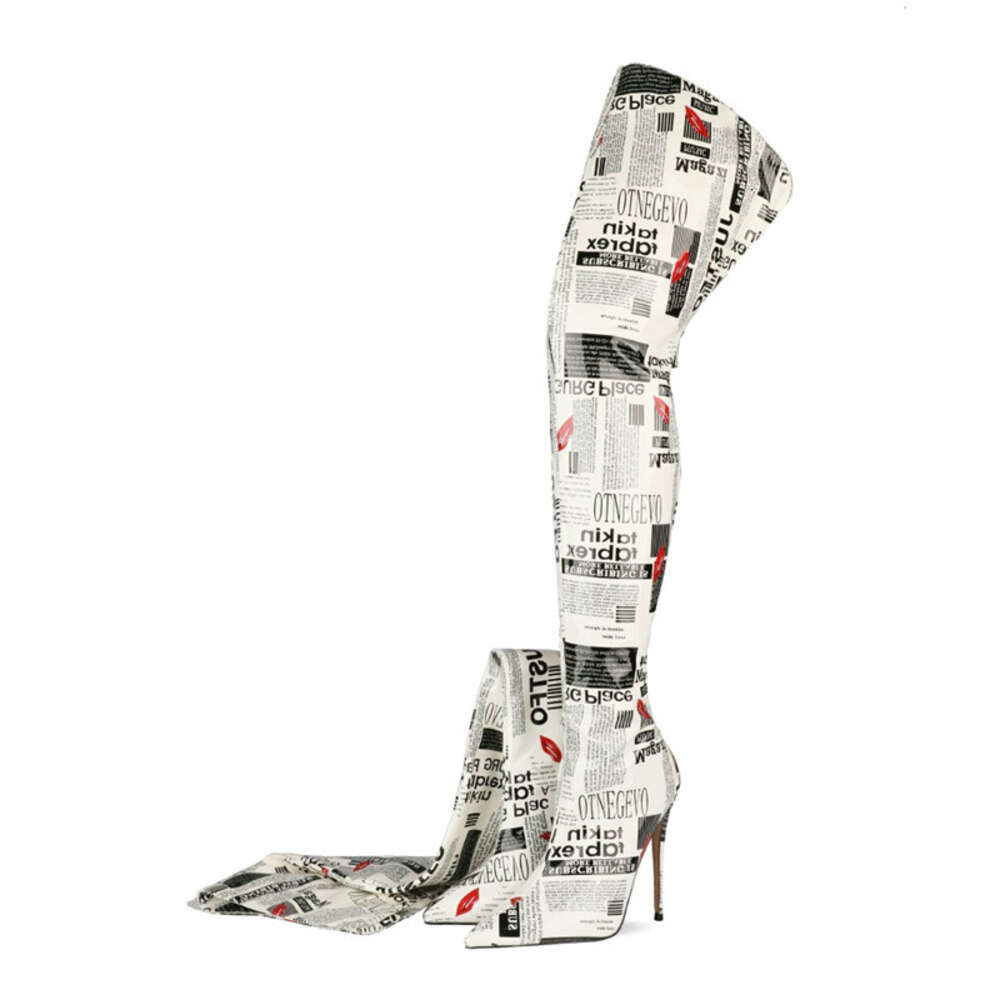 White Thigh High Patent Leather Over The Knee Boots Fashion News Paper Print Autumn Winter Shoes For Women Plus Size 250305
