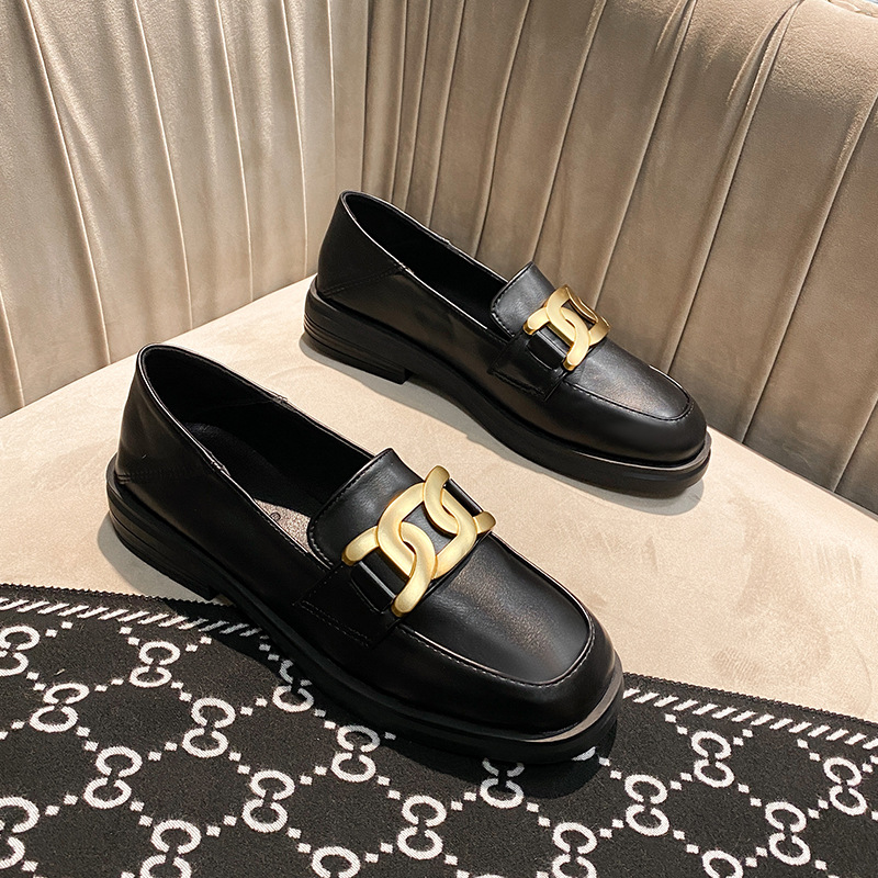2023 Brand Metal Chain Oxfords Women Small Leather Shoes Square Toe Thick Heels Loafers Femmes Moccasins Ladies Flats Sneakers