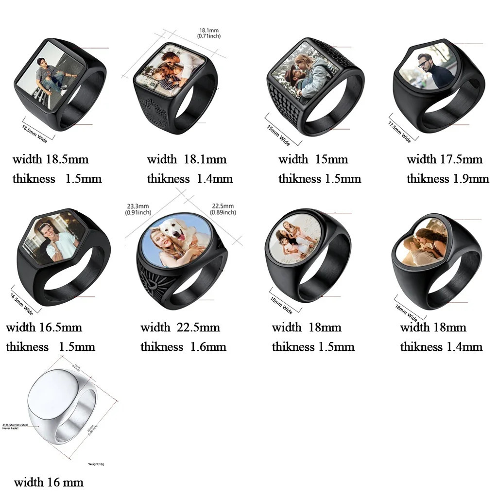 U7 Personalized Signet Ring for Men Stainless Steel Family Po Name Laser Engrave Customized Square Round Heart Ring Size 7-14 240530