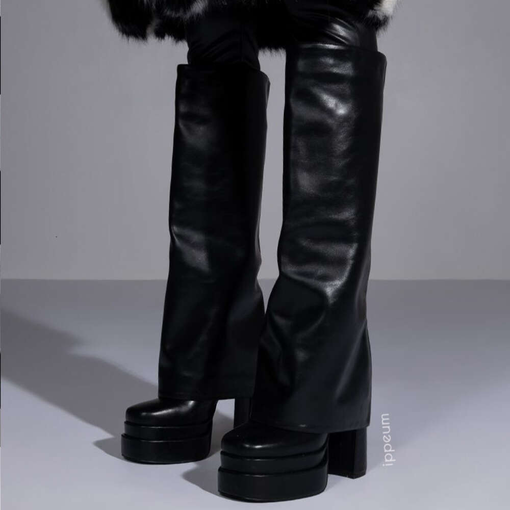 IPPEUM Fold Over Boots Women Orange Hot Pink Block Heel Knee High Plus Size 43 Platform Shoes Y2k Botas Plataforma Mujer