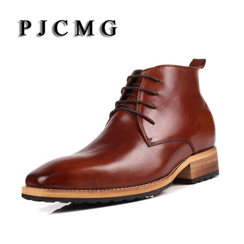 PJCMG New Men's High Genuine Leather Elevator 8 CM Brogue Wedding Office Ankle Boots Lace-Up Male Boots Footwear Botas Hombre