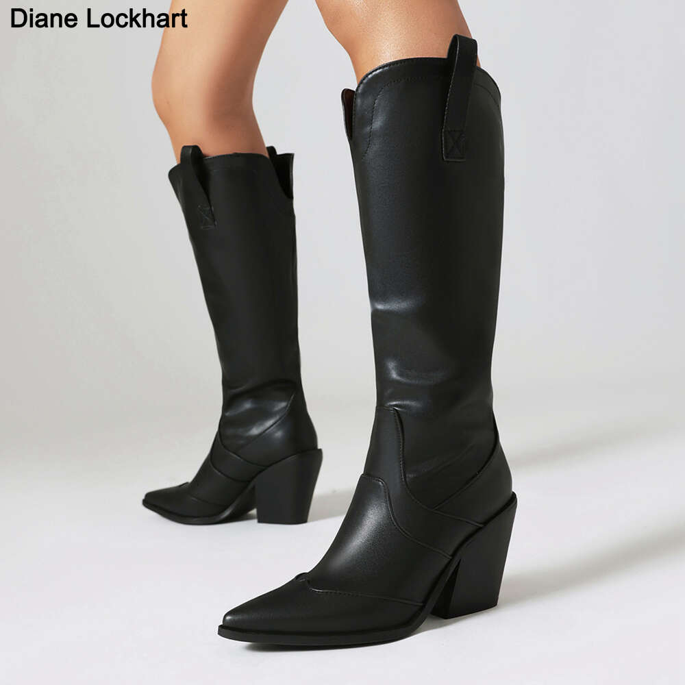 Retro Denim Western Women Knee Wedges High Heel Cowboy Boots Slip On Autumn Winter Pointed Toe Woman Shoes Dropship