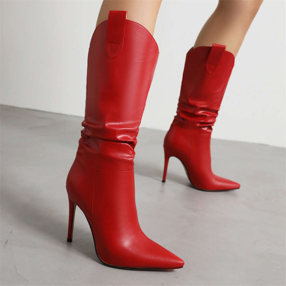Knee High Women Sexy Point White Red Heels Western Cowboy Boots Female 2023 New Trends Dance Party Shoes Large Size