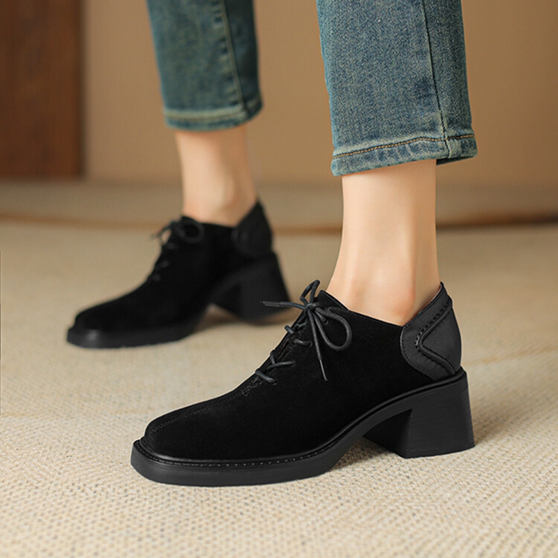 NEW Spring/Autumn Women Shoes Square Toe Chunky Heel Casual Shoes Sheep Suede Leather Shoes for Women Retro Lace up Women Pumps