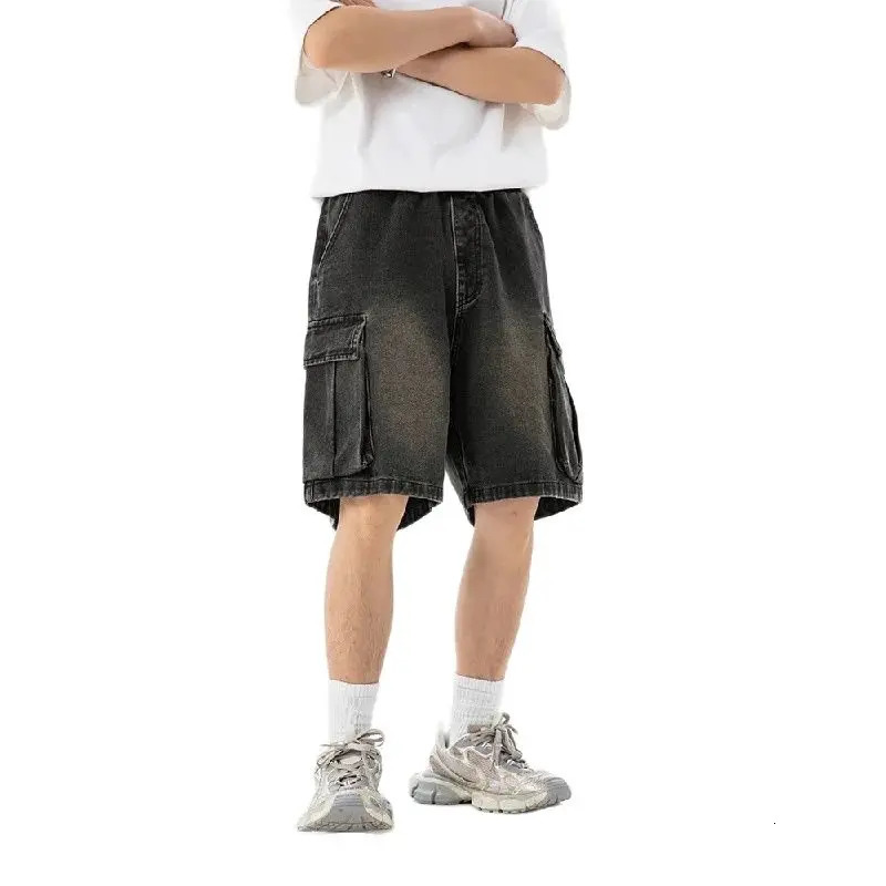 2024 Summer Mens Cargo Jean Shorts Korean Street fashion large pocket Denim Knee Length Wide Leg Y2K Clothing 240601