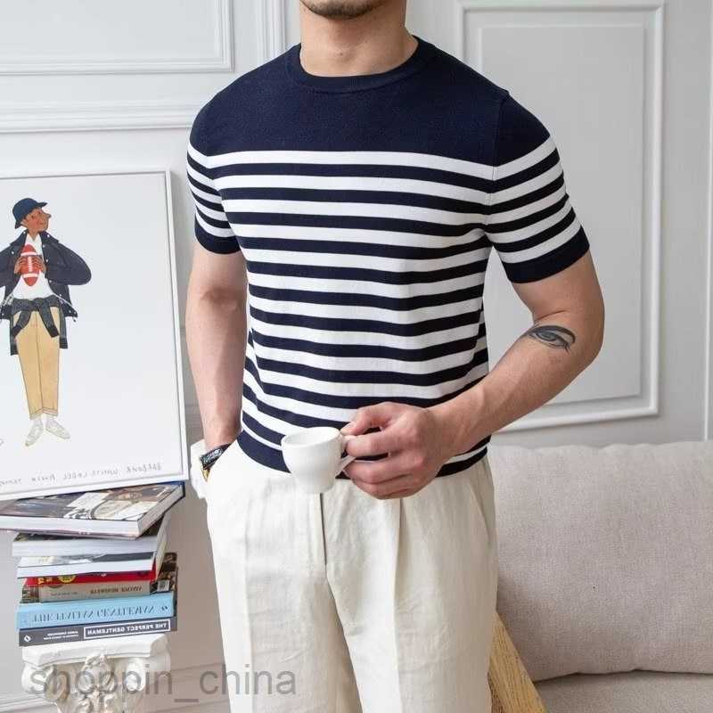 Men's T Shirts mature style round neck striped knitted short sleeved T-shirt for man casual business spring/summer top half sleeved T-shirt tees 