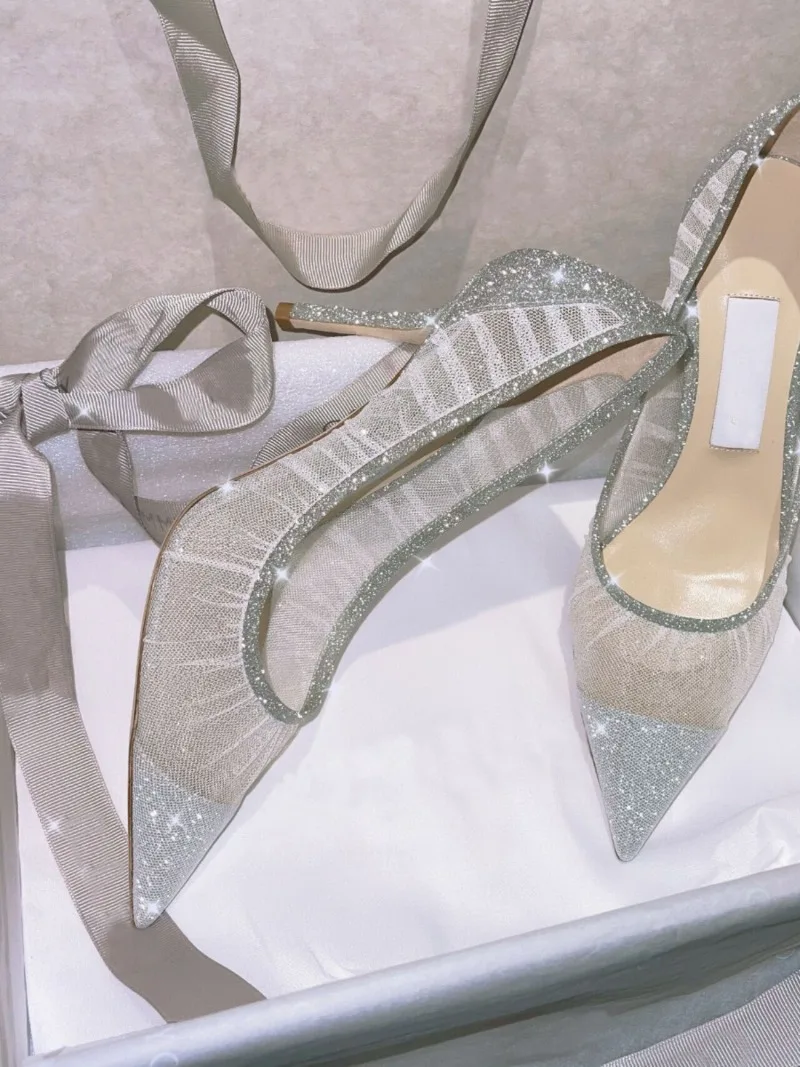 2024 Spring Autumn European and American New Pointed Toe Women's High Heels Shallow Mouth StilettoHeel Crystal Banquet Shoes