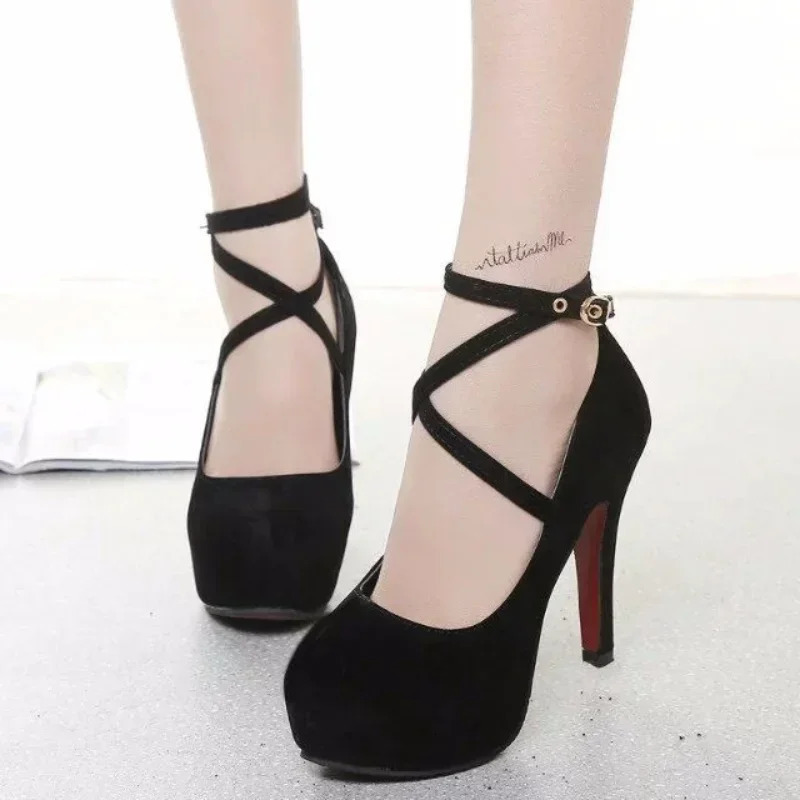 12CM High Heels Women 2024 Round Toe Platform Womens Pumps Buckle Strap Sexy Stiletto High Women Shoes Zapatos De Mujer 240611