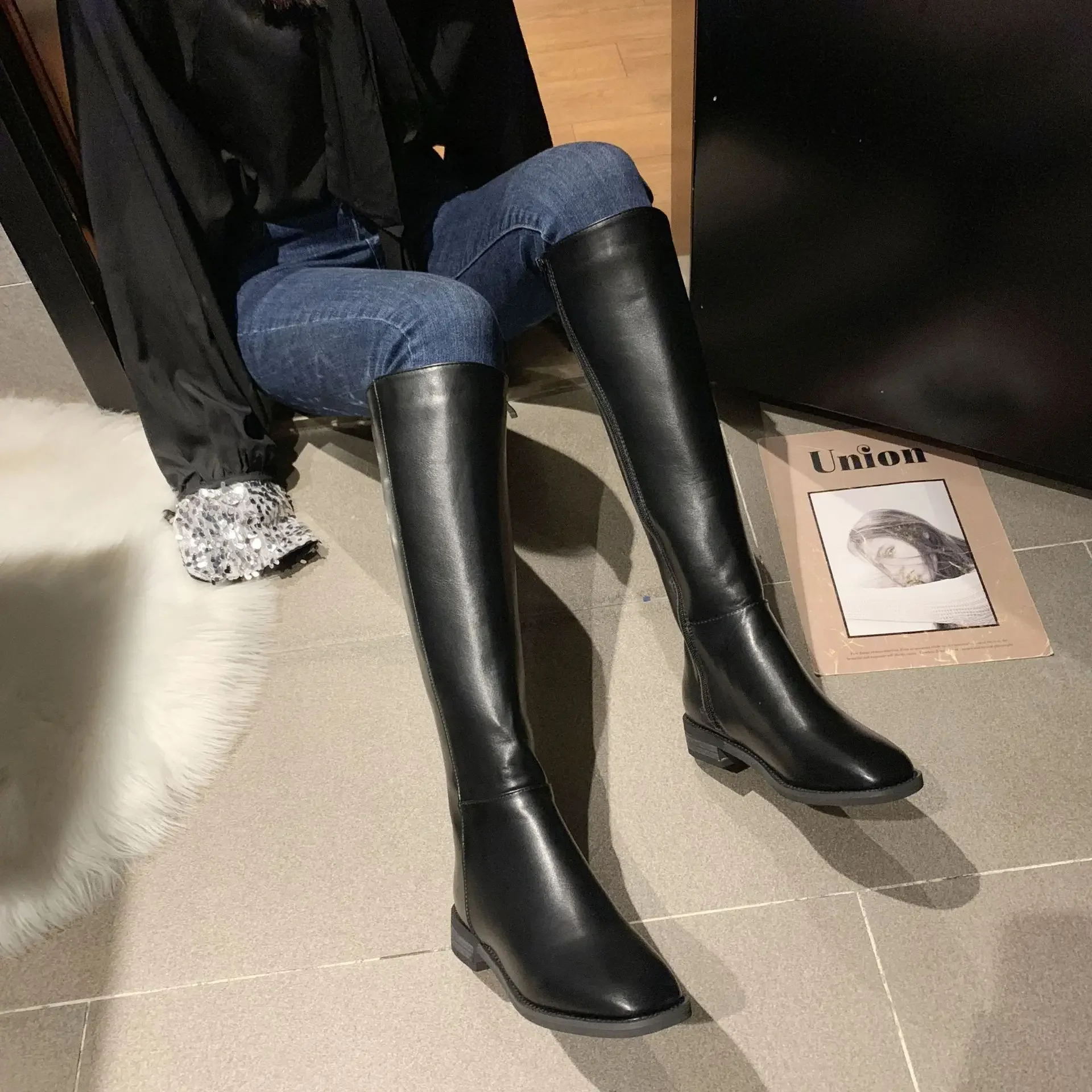 Winter New shopping good Leather Women Knee High Boots Motorcycle Square Toe Zip Footwear Low Heels Female Riding Boot Woman Long Boots99