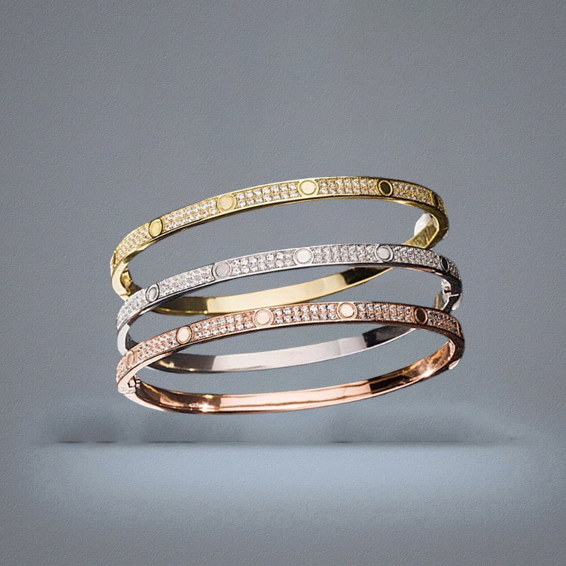 Fashion Full Diamond Bangle Stainless Steel Open Cuff Bracelet for Women Men Two Row Stone Bangles 3 Colour Selct Gold Silver Rosy
