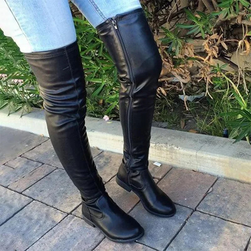 Womens knee boots winter round toe low square high heels womens large size 41- womens shoes 240611