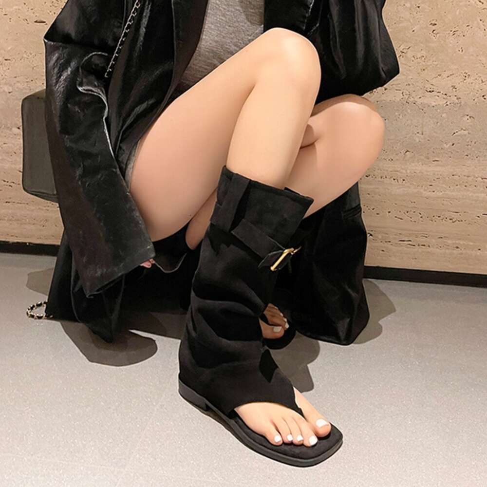 Summer Open Toe Chunky Sandals Knee-High Flock For Women Low Heel Boots Belt Buckle Plus Size Shoes