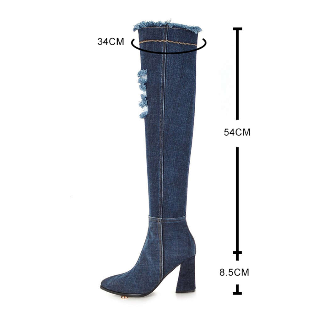 Fashion Over The Knee Denim Women Pointed Toe Gladiator Heeled Long Boot High Heel Broken Holes Jean Boots Femal Shoe