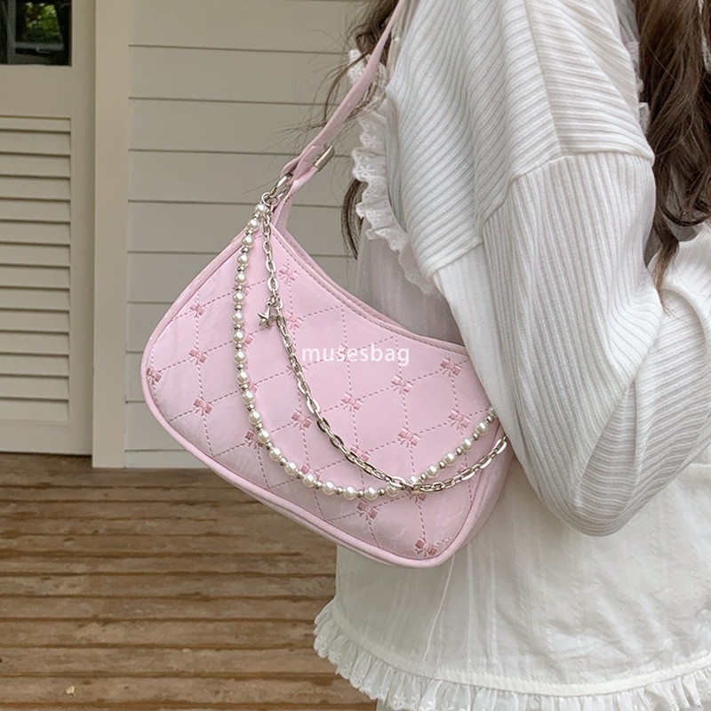 High quality premium pink butterfly club bag for women's new pearl metal chain diamond grid underarm bag casual one shoulder crossbody bag