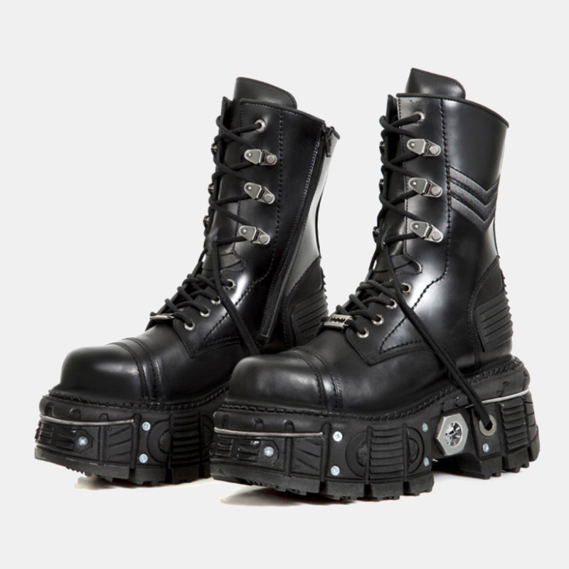 Retro Black man Women Ankle Boots Metal Decoration Thick Platform Punk Female Round Toe Lace-Up Casual Knight Ladies Shoes 45