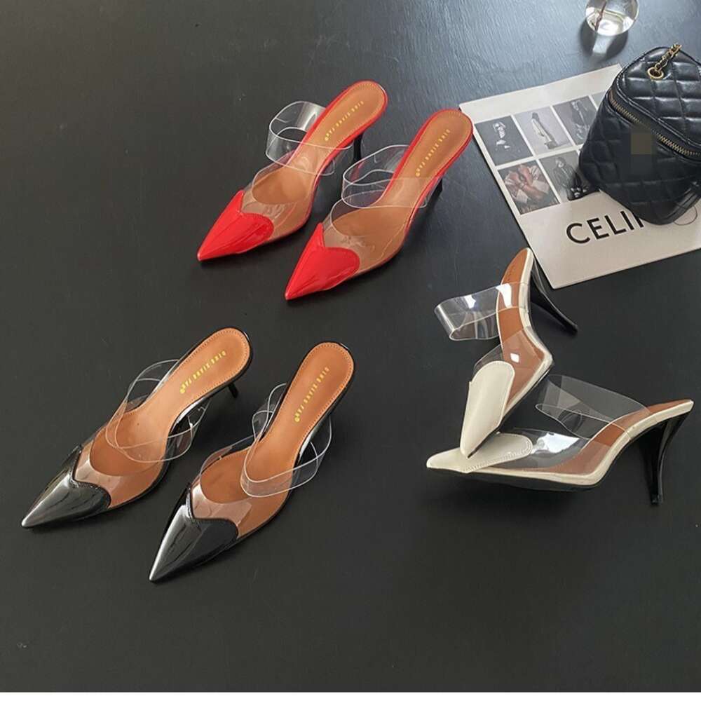 CHMURY Pointed Toe Heart High Heels Mules Sandals Slipper For Women 2024 Black White Red Shoes 242