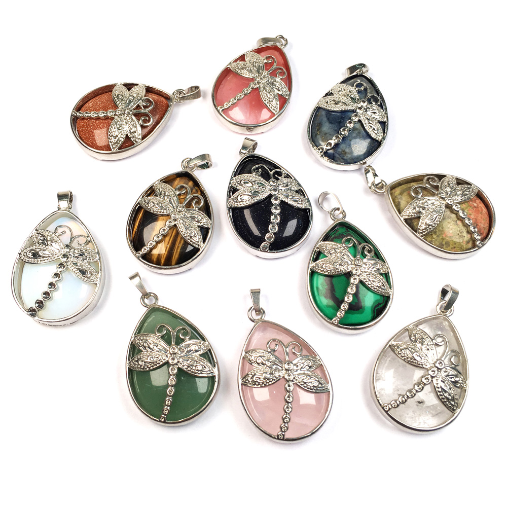 Natural Stones Pendant Quartz Tiger's Eye Lapis Lazuli Crystal Dragonfly Pendants For Jewelry Making DIY Necklaces Accessories