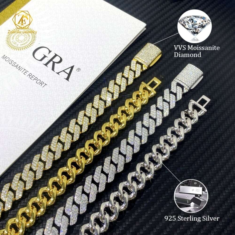 Wholesale 12mm 14mm Vvs Moissanite Diamond 18k Gold Plated 925 Silver Iced Out Cuban Link Chain Men Hip Hop Jewelry