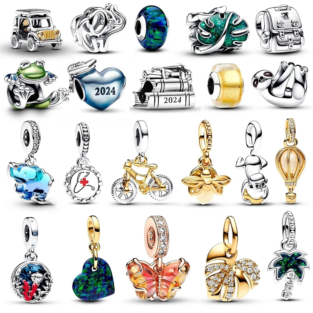Summer New 925 Sterling Silver Flat Pendant Frog Beads Palm Tree Heart Pendant Monkey Elephant Charms Suitable For Necklace Bracelet DIY jewelry Free 