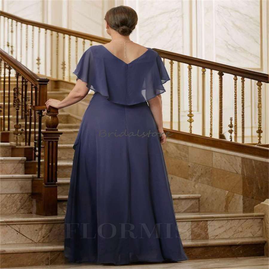 Elegant Navy Mother Of The Bride Dress Chiffon Cap Sleeves Beaded Wedding Guest Dresses 2024 Floor Length Chiffon Evening Dress Groom Mom Dance Party 