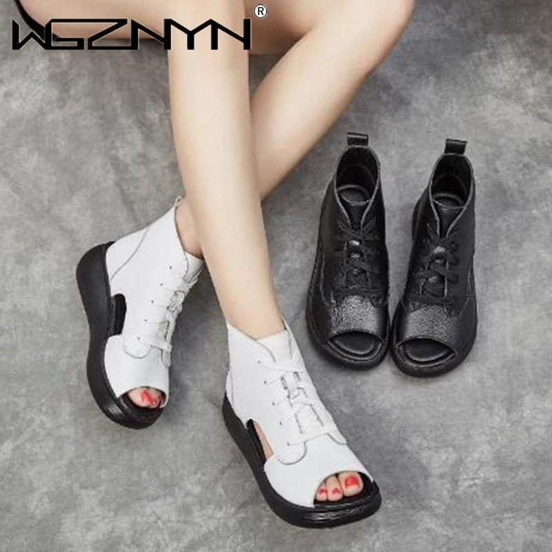 Genuine Leather Peep Toe Sandals for Women Thick High Heels Retro Roman Style Short Boots for Summer Fashion and All-Day Comfort