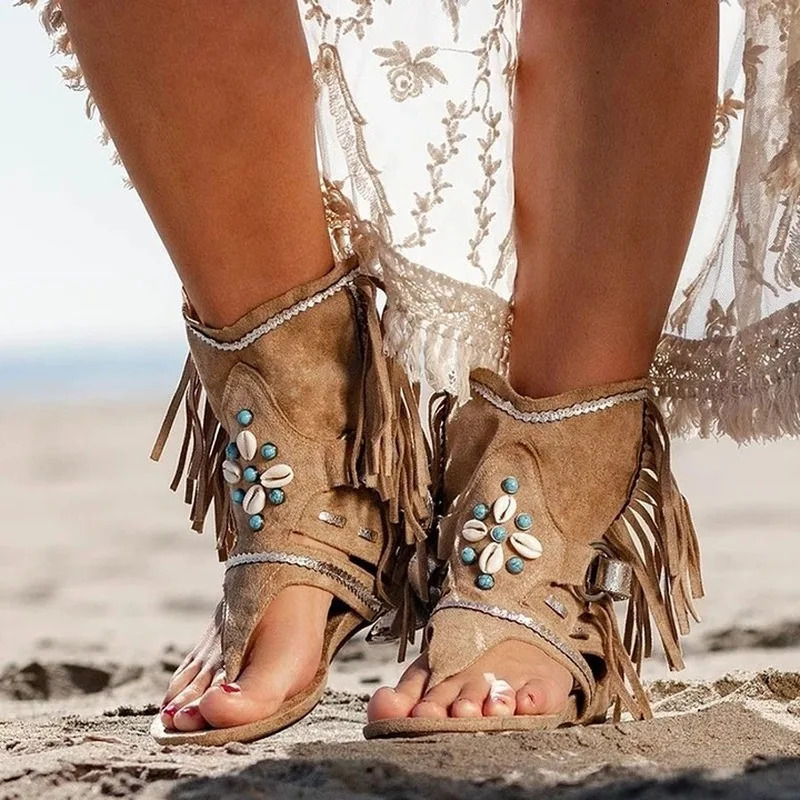Retro Women Fringe Flower Wedges Shoes Solid Flock Beach Casual Sandals Women Summer Flip Flop Sandals 240611