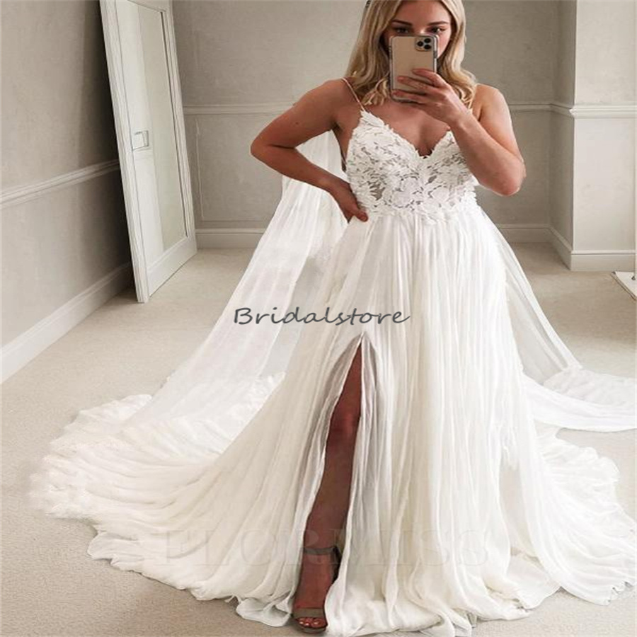 High Slit Chiffon Beach Wedding Dresses With Train Sexy Spaghetti Straps Lace Boho Bridal Dress 2024 Backless Civil Hippie Bride Bohemian Gatsby Vesti